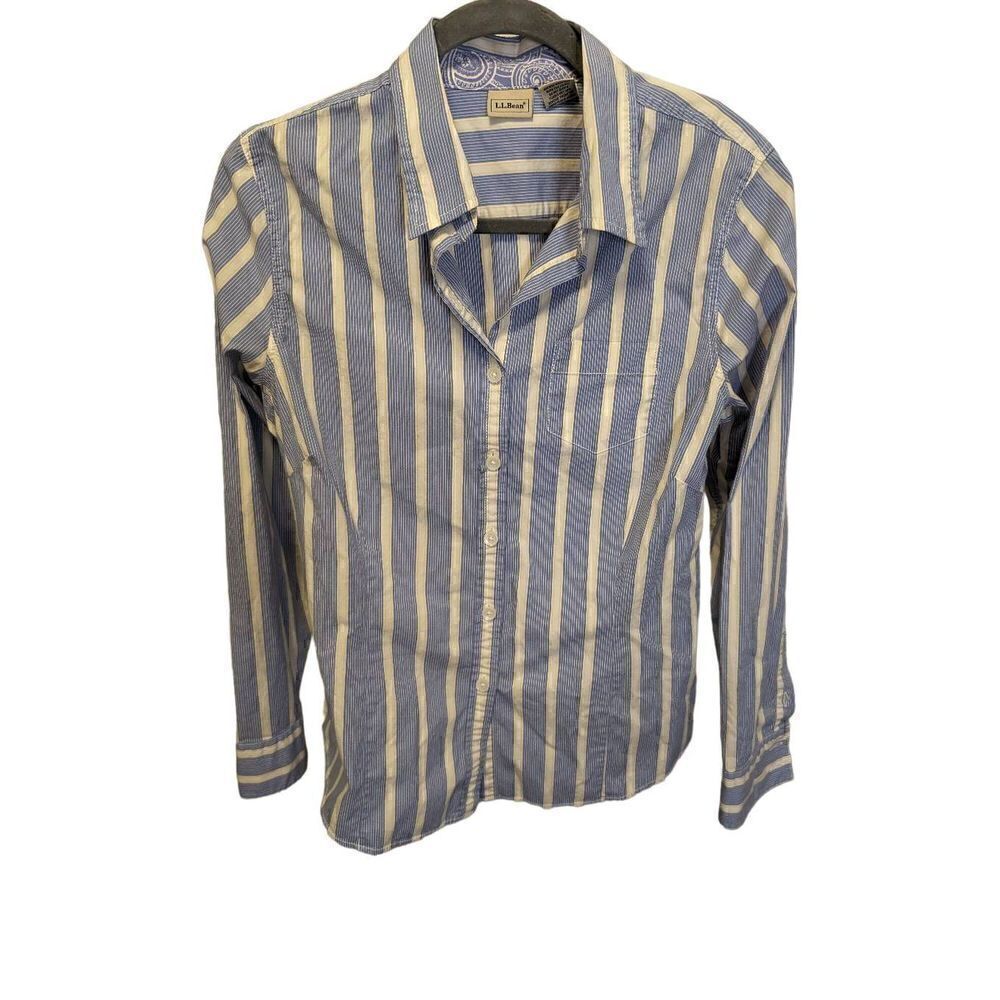 L.L. Bean Blue and Gold Striped Long Sleeve Button Down Shirt Women’s Size Mediu